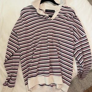 Lioness Striped Long Sleeve Polo Sweater in Cream, Black, and Pink